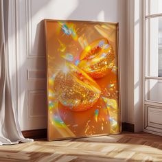 an abstract painting on the wall in front of a window with sunlight streaming through it