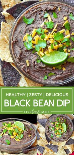 black bean dip in a bowl surrounded by tortilla chips and cilantro