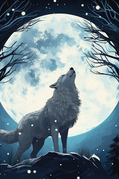 a wolf standing in front of a full moon