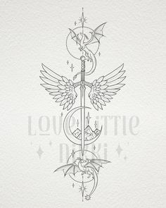 a drawing of an anchor with wings and stars