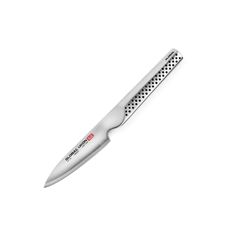 a sharp knife with black and white dots on the blade is shown in front of a white background