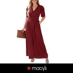 in stock Red V-neck Jumpsuits And Rompers For Spring, Red V-neck Jumpsuits And Rompers For Loungewear, Red Fitted V-neck Jumpsuit, Red Printed V-neck Jumpsuit Or Romper, Casual Red V-neck Jumpsuit, Red Jumpsuit, Wide Leg Jumpsuit, Lady In Red, Wide Leg