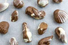 chocolates with white frosting and sea shells arranged on a baking sheet, ready to be eaten