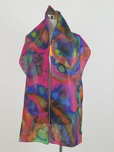 Hand dyed in a multi colored abstract pattern. China silk or Habotai silk is a light breezy silk, made of soft silk fabric with hand rolled edges, hand dyed and designed by me Mary Jane Davidson. The dyes are steam fixed to silk fibers for permanence making the scarf hand washable in cold water with mild shampoo or silk-wool detergent. Iron damp on reverse side using the silk setting. Product information: Designer - Mary Jane Davidson Material- 100 % natural 8mm Habotai silk (China Silk) Size - Wedding Vans, Abstract Scarf, Hand Dyed Silk Scarf, Habotai Silk, Sioux City, Scarf Silk, Dyed Silk, Mild Shampoo, Hand Dyed Silk