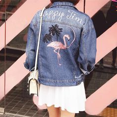 Happy Times Flamingo Embroidered Denim Jacket Embroidery Denim Jacket, Graffiti Clothing, Denim Jacket Embroidery, Basic Coat, Harajuku Clothes, Casual Denim Jacket, Coats Vintage, Embroidered Denim Jacket, Happy Times