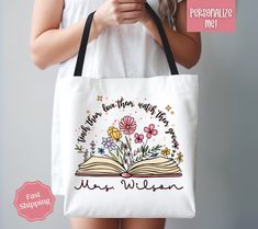 You are sure to love this adorable Teacher Tote! Perfect for carrying around all of your teacher goodies!   These totes make a perfect personalized teacher gift your teacher will love!  Thanks so much for shopping with me! Please message me with any questions you may have! I am always available to help :) Also, I would love to feature you on our insta if you want to tag me @poppyroseclothing  PRODUCTION TIME: 1-3 business days  SHIPPING TIME: 2-7 business days CARE INSTRUCTION: Machine wash: col Teacher Tote, Personalized Teacher Gifts, Boho Floral, Printed Tote Bags, Teacher Appreciation Gifts, Printing Methods, Teacher Appreciation, True Colors, Teacher Gifts