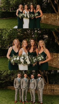 the bride and grooms are posing for pictures in their wedding attire, with flowers