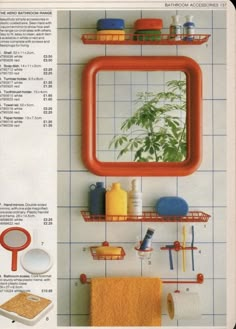 a magazine page with an image of a bathroom mirror and shelves on the wall above it