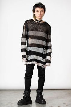 GRADY. - Luxe Soft Knit.- Contrast Stripe.- Long-Length Shape.- Distressed Detailing + Back.- Relaxed Fit. The model is 5’5 (165cm) and wears a size XS. Wash Cold - Gentle Cycle. with KILLSTAR Branding, 100% Acrylic. 2010 Fashion, Black Parade, Distressed Sweaters, Low Neckline, Knit Sweaters, 90s Grunge, Knitting Women Sweater, Knit Hoodie, Knitwear Women