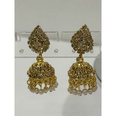 Kundan Jhumka Earrings Gold Plated Brass With Pearls Accent Your Festive Looks With These Earrings , Crafted In Gold Plated Brass With Pearls And Gold Color Luxury 22k Gold Bollywood Danglers, Traditional Gold Crystal Earrings For Party, Traditional Crystal Earrings For Festive Occasions, Traditional Gold Crystal Earrings, Festive Gold Crystal Earrings, Traditional Gold Crystal Earrings For Festive Occasions, Traditional Gold Crystal Earrings For Celebration, Gold Jhumkas For Party With Pierced Ears, Gold Jhumkas For Pierced Ears For Party