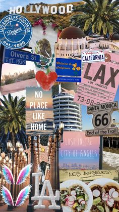 a collage of signs, palm trees, and other things that are in the background