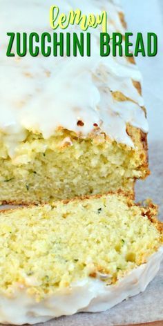 a loaf of lemon zucchini bread with white icing