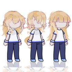 three anime characters with different hair styles and clothes, one in white shirt and the other in blue pants