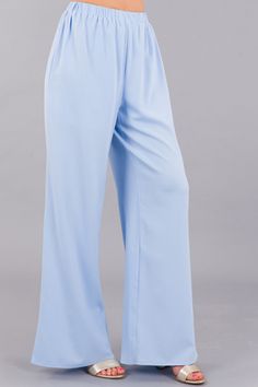 Baby Blue Pants :: NEW ARRIVALS :: The Blue Door Boutique Blue Stretch Harem Pants For Spring, Chic Flowy Blue Bottoms, Flowy Long Pants For Loungewear, Flowy Wide-leg Loungewear Pants, Flowy Loungewear Bottoms For Spring, Chic Flowy Bottoms With Elastic Waistband, Flowy Full-length Pants For Spring, Flowy Full Length Spring Pants, Baby Blue Pants