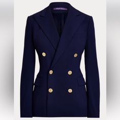 Debuted As A Men’s Sporting Style In 19th-Century Britain, The Double-Breasted Jacket Is One Of Ralph Lauren’s Enduring Signatures. This Version Of The Iconic Camden Is Crafted From A Stretch-Infused Wool Crepe That’s Sourced From An Italian Mill And Then Accented With Our Signature Polished Buttons. Slim Fit. Intended To Hit At The Lower Hip. Body Length And Sleeve Length Are Taken From The Center Back Of The Neck. Sleeve Length Changes ¼" Between Sizes. Peak Lapels. Double-Breasted Silhouette. Wool Crepe, Ralph Lauren Collection, Blazer Vest, Double Breasted Jacket, Double Breasted Blazer, Women Hoodies Sweatshirts, Wool Blazer, Double Breasted Suit Jacket, Casual Shirts For Men