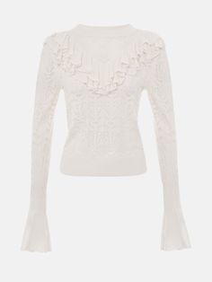 LICHI - Online fashion store :: Fitted openwork top with voluminous flounce Feminine Long Sleeve Pointelle Knit Sweater, Feminine Long Sleeve Sweater In Pointelle Knit, Chic Long Sleeve Sweater With Ruffles, Elegant Stretch Top With Ruffled Collar, Elegant Stretch Tops With Ruffled Collar, Chic Fine Knit Long Sleeve Top For Spring, Elegant Long Sleeve Sweater For Spring, Elegant Crew Neck Long Sleeve Top For Fall, Chic Knit Tops With Ruffles