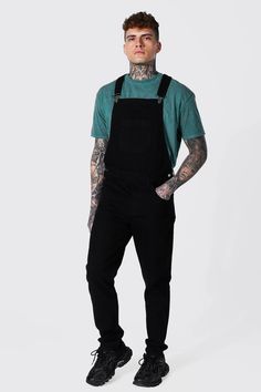 Slim Rigid Long Overalls | BoohooMAN Skate Vibe, Men's Dungarees, Skate Vibes, Long Overalls, Mens Overalls, Fashion Masks, Overalls Outfit, Outfits Hombre, Black Overalls