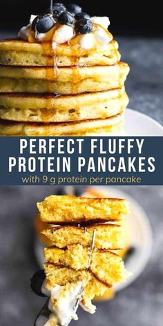 stack of pancakes with blueberries and whipped cream on top in front of text that reads perfect fluffy protein pancakes