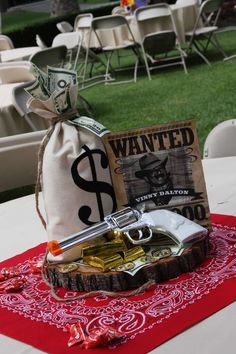 80th Western Birthday Party, Wanted Party Theme, Cowboy 80th Birthday Party, Wild West Table Centerpieces, Western Decor Party Ideas, Wild West Centerpieces Table Decorations, Cowboy Party For Adults, Cowboy Party Decorations For Men, Western Dinner Table Decor