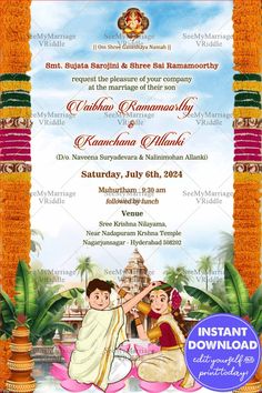 The Telugu wedding invitation card beautifully merges traditional elements with vibrant, festive colors. The design features a couple engaged in a ceremonial ritual, set against a backdrop of rich garlands and temple imagery, evoking a sense of cultural heritage and spiritual celebration. The use of bright marigolds and green leaves in the design symbolizes prosperity and happiness, welcoming guests to partake in the joyous occasion. With Lord Ganesha at the top blessing the union, this invitation is not just a call to a wedding but an invocation of divine grace and communal joy. #TeluguWedding #TraditionalInvite #CeremonialRitual #WeddingCardDesign #IndianWedding #CulturalCelebration #LordGanesha #MarigoldGarlands #FestiveWedding #SpiritualUnion Telugu Wedding Invitation Card, Festive Wedding, Cartoon Couple, Divine Grace, Cultural Celebration, Wedding Invitation Card, New Year Greetings