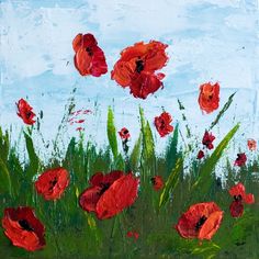 an oil painting of red poppies on a blue sky with grass in the foreground