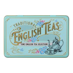 an english tea tin with the words traditional and english teas in gold lettering on it