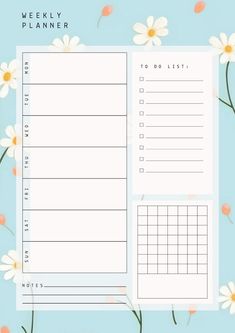 the weekly planner is shown with daisies in front of it on a blue background