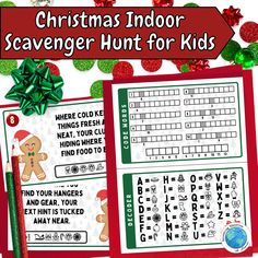 the christmas indoor scavenger hunt for kids is shown in red and green paper