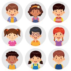 children's avatars with different hairstyles and facial expressions in the same circle