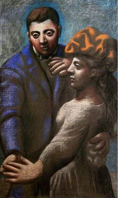 a painting of a man holding a woman's head with her arm around him