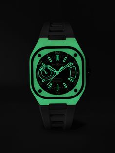 Bell & Ross says this limited-edition 'BR-X5' chronometer "pushes the limits of creativity and innovation thanks to the use of LM3D"; a luminescent composite that makes the quartz-infused fibreglass case and bezel glow bright-green in the dark. Made from DLC-coated, grade 2 microblasted titanium, it's engineered with a Swiss-made calibre BR-CAL.323 automatic movement from Geneva-based manufacturer Kenissi and features an oversized power reserve indicator opposite the date window. For warranty i… Bamford Watch, Bell Ross, Bell & Ross, White Shoes Sneakers, Rubber Watches, Luxury Sneakers, Creativity And Innovation, Grade 2, Classic Sneakers