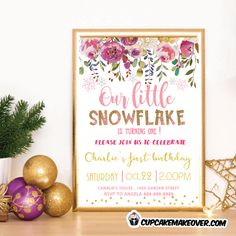 a snowflake birthday party with gold and pink decorations