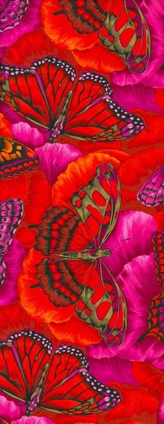 red and pink butterflies with orange wings on a red background, in the middle of an image