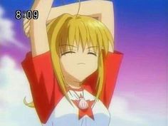 an anime character with blonde hair holding her arms up in the air and looking at the camera