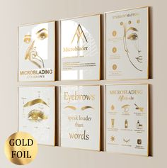 four gold foiled posters with different types of eyeliners and eyebrows on them