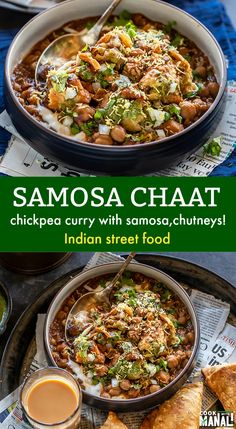 Tangy and spicy Samosa Chaat is popular north Indian street food! Crunchy samosa is served with spicy chickpea curry (chole), yogurt and chutneys! #vegetarian #indianfood North Indian Vegetarian Recipes, Mumbai Street Food, Indian Street Food Recipes, Vegetarian Indian, Indian Street, India Food