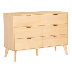 a wooden dresser with six drawers on one side and two legs at the bottom, against a white background