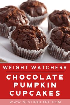 chocolate pumpkin cupcakes on a white plate with text overlay that reads weight watchers chocolate pumpkin cupcakes