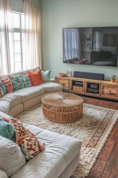 a living room filled with furniture and a flat screen tv on top of a wall