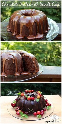 chocolate buttermilk bundt cake with cherries on top