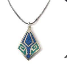 Vintage Pendant Necklace, Silver Tone Pendant Blue and Green Inlay, Korean Chain Link Necklace - Etsy Unique Blue Necklace With Inlay, Blue Engraved Amulet Jewelry, Blue Engraved Amulet Style Jewelry, Blue Necklace With Large Rectangular Pendant, Blue Amulet Necklace With Large Pendant, Blue Engraved Pendant Necklace, Blue Sterling Silver Necklace With Inlay, Blue Engraved Pendant Jewelry, Unique Blue Medallion Jewelry