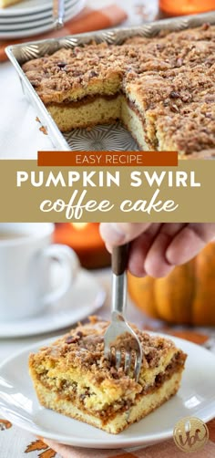 pumpkin swirl coffee cake on a white plate with a fork in the middle