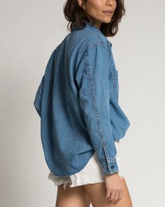 ASKK NY Oversized Denim Shirt in Palm Canyon Collar Drop shoulders Long sleeves Button down front closure Chest patch pockets Oversized fit Denim fabrication Rounded hem 100% cotton Made in LA Palm Canyon, Oversized Denim Shirt, Denim Shirt, Oversized Fits, Drop Shoulder, Patch Pocket, Long Sleeves, Collar, Long Sleeve