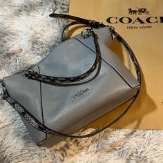 Double Face Grey Leather And Snake-Embossed Leather Straps Inside Multifunction Pocket Zip-Top Closure, Fabric Lining Handles With 10 1/4" Drop Side Open Compartments 13 1/4" (L) X 11" (H) X 5" (W) Bags Coach, Double Face, Grey Leather, Zip Top, Embossed Leather, Coach Bags, Leather Straps, Handles, Bag Lady