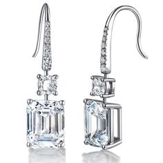 4-carat total-weight emerald cut diamond-simulant earrings. Classic high jewelry design with beautiful setting and finishing. Suitable for any occasion including weddings, parties, anniversary dinners, and hanging out with friends. The setting is made of 18k white gold plated over high-quality s925 silver. The gold plating makes the maintenance of jewelry much easier as it protects the surface areas and is less likely to tarnish.  All zirconia diamonds are at the highest quality level with Very Emerald Cut Drop Earrings, High Jewelry Design, Canary Yellow Diamonds, Earrings Classic, Diamond Simulant, Square Earrings, Blue Sapphire Rings, Emerald Cut Diamonds, Diamond Pendant Necklace