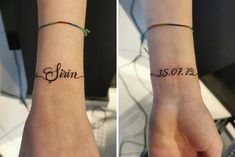 two wrist tattoos with names on them, one has a name and the other has a date