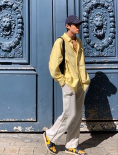 Yellow Summer Outfit Men, Yellow Button Up Shirt Outfit Men, Men’s Yellow Outfit, Men’s Yellow Shirt Outfit, Yellow Outfit Men, Yellow Relaxed Fit T-shirt For Streetwear, Yellow Shirt Outfit, Aesthetic Outfits Men, Yellow Outfit