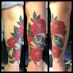 three different views of a woman's leg with skulls and roses on it,