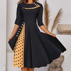 Season:Summer,Spring; Fabric:Polyester; Sleeve Length:Half Sleeve; Look After Me:Hand wash,Machine wash; Gender:Women's; Style:Elegant,Modern; Elasticity:Micro-elastic; Occasion:Work,Date; Fit Type:Loose; Dresses Type:Swing Dress,A Line Dress; Pattern:Polka Dot,Plaid; Design:Print,Pocket; Neckline:Round Neck; Front page:FF; Listing Date:03/23/2022; Production mode:External procurement; 2022 Trends:2022; Bust:; Length:; Dress Length Type:Knee Length Dress Women's A Line Dresses, Polka Dots Fashion, Boat Neck Dress, Vestidos Vintage, Fall Fabric, Dot Design, Knee Length Dresses, Types Of Dresses, Sierra Leone