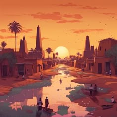 Niger Town at Sunset African Fantasy Art, Civilization Art, African Desert, Colonial Africa, Game Background Art, Africa Art Design, Tropical Africa